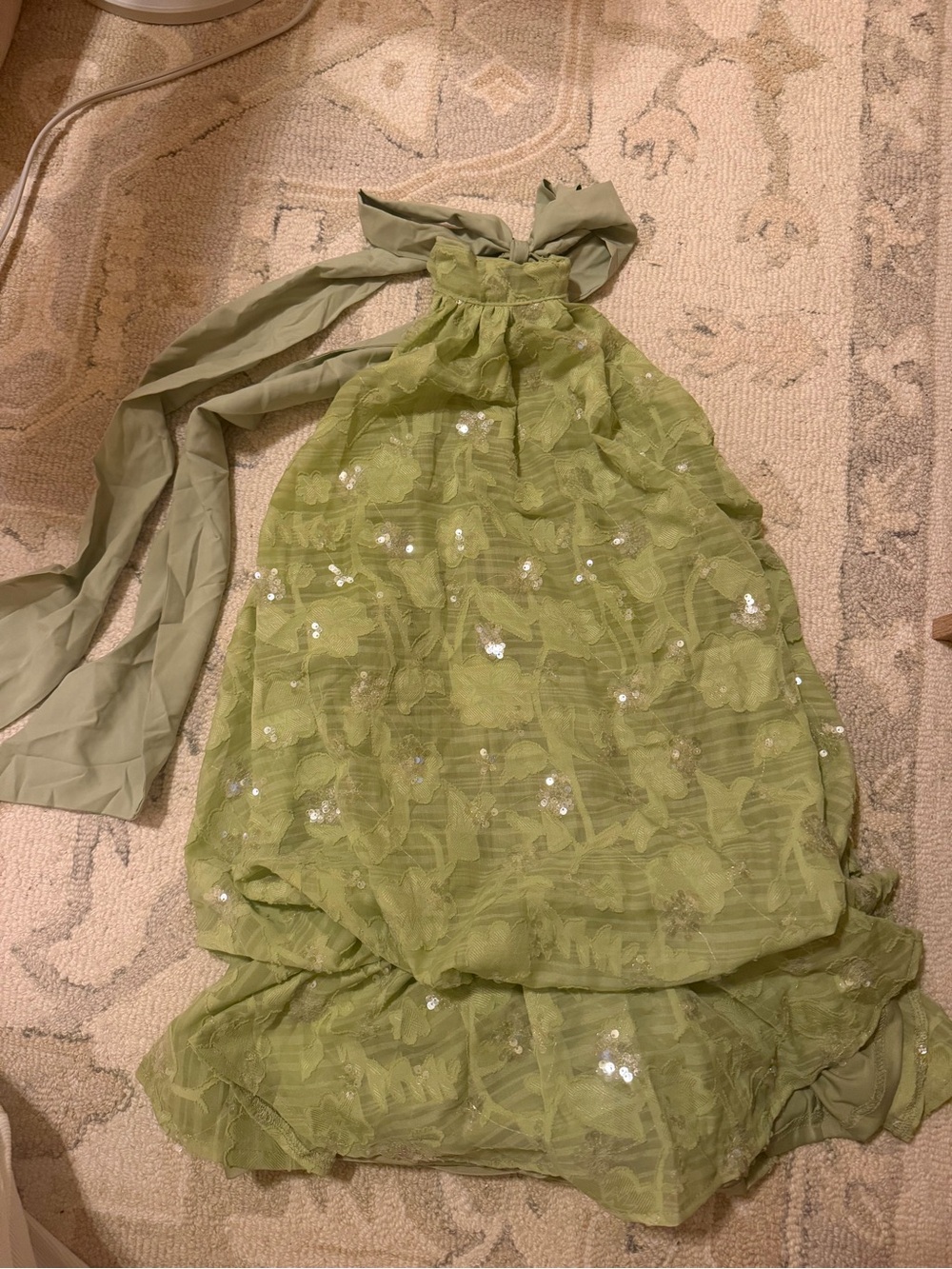 Green Sequin Overlay Halter Kids Dress